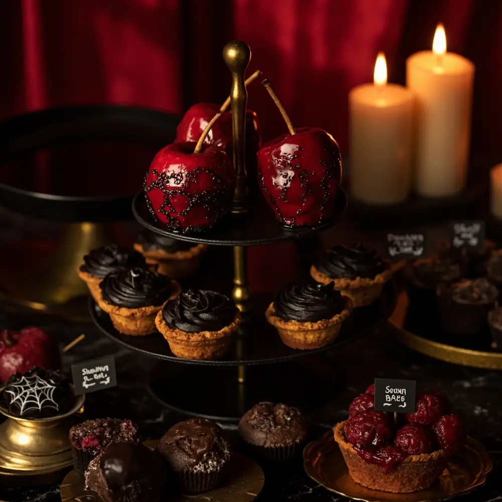 Platters instruction black dark berry apples bar 12 on a glossy p chocolate featuring gold arranged and cupcakes candied dessert image placement tarts red