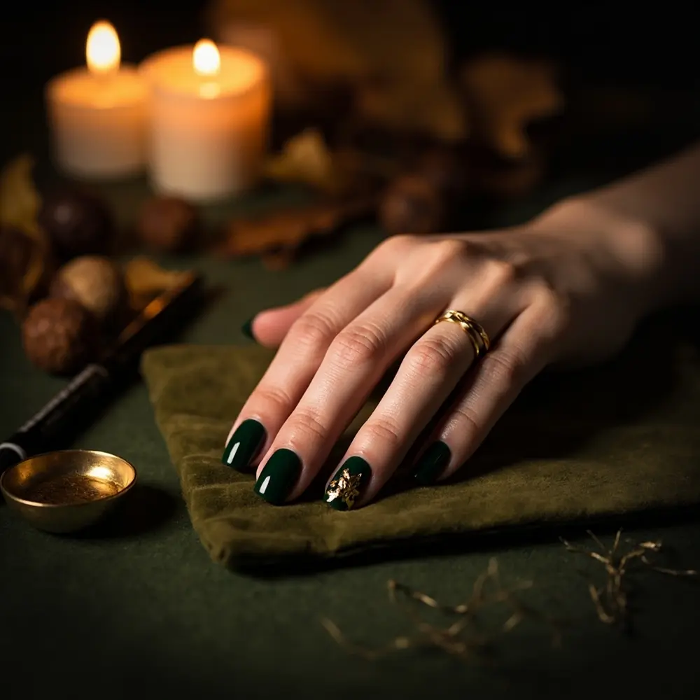 15 Classy Halloween Nail Ideas for a Sophisticated Manicure 12 Stem instruction delicate with detail 12 a p forest the gold and one at green image leaf placement pumpkin cuticle nails