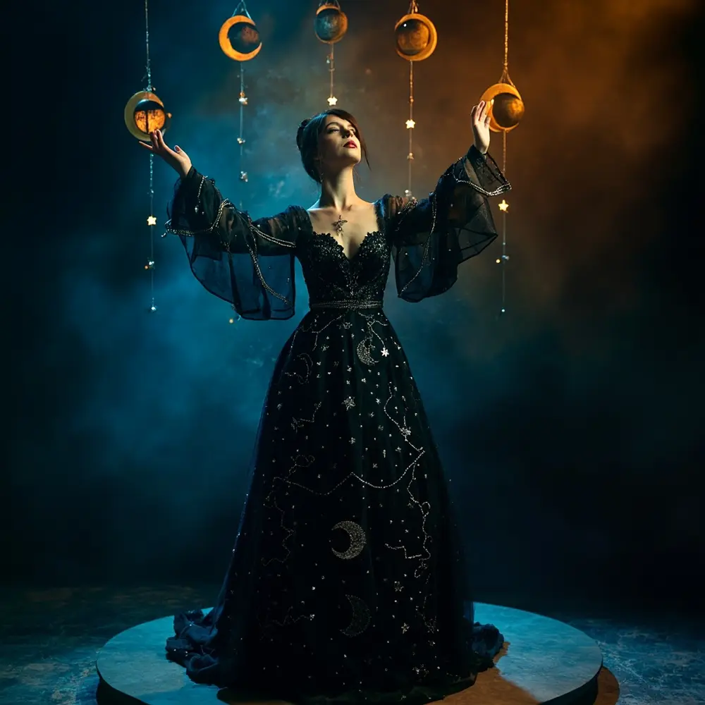 17 Stunning Halloween Wedding Dresses: Black, Red, & Gothic Gowns for a Spooky Chic Celebration 12 Embroidery 12 placement a stars instruction celestial p moons wedding or with image dress embellishments