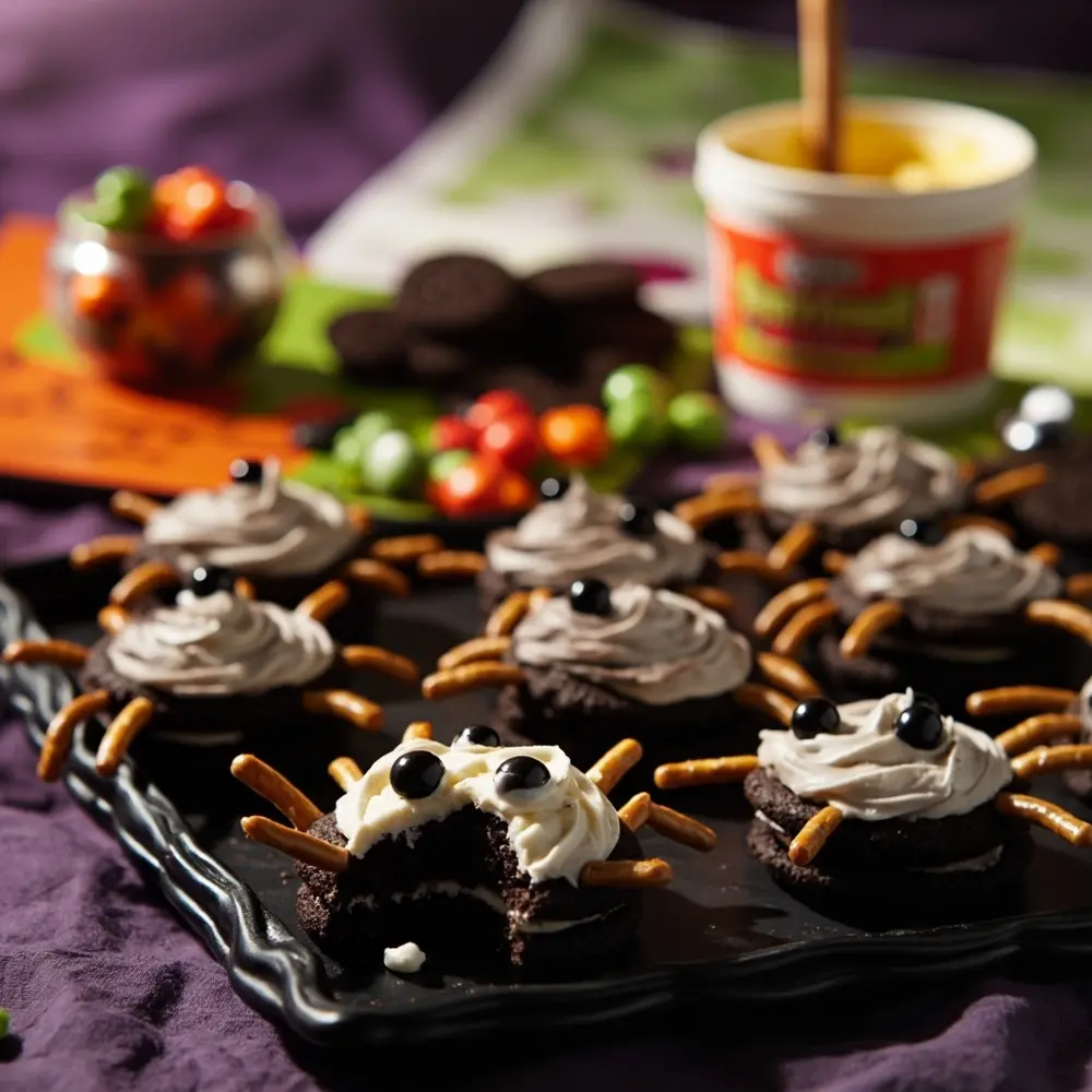 15 Easy & Delicious Halloween Snacks: Spooky, Savory, and Sweet Treats for Everyone 12 Spiders 12 placement oreo and eyes instruction with decorated candy as p legs cookies image pretzel