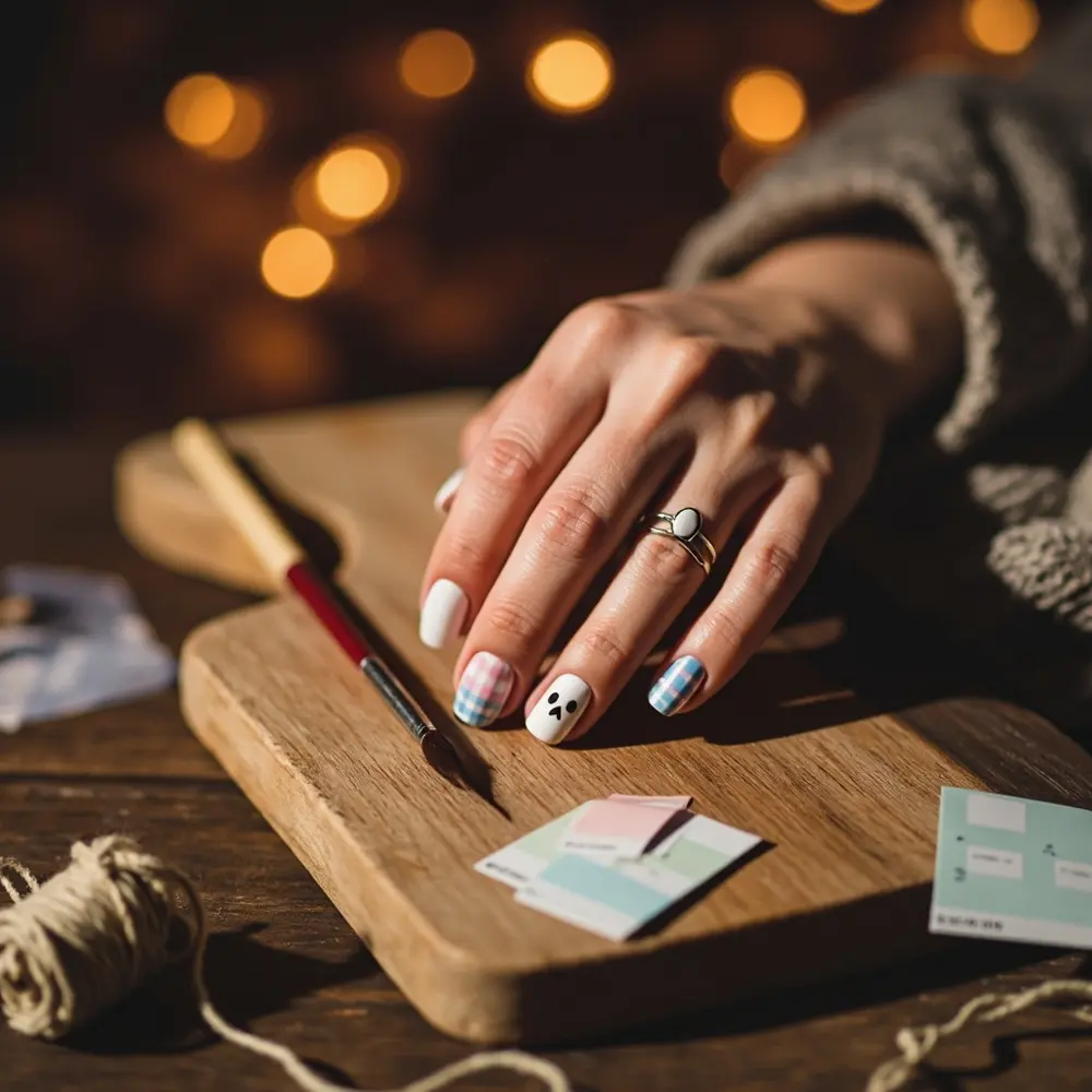 17 Girly Halloween Nail Designs That Are More Sweet Than Spooky 12 White faces instruction others 12 on a p or featuring ghost cute and some gingham image placement pink blue pattern pastel nails
