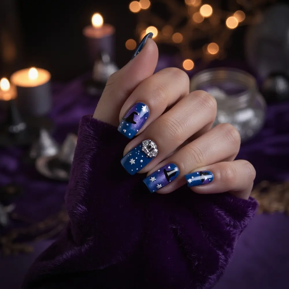19 Insanely Cute Halloween Nail Designs Kids & Moms Will Adore (Kawaii, Pastel & Retro Fun!) 12 12 cute sky magical witch h2 038 starry hat