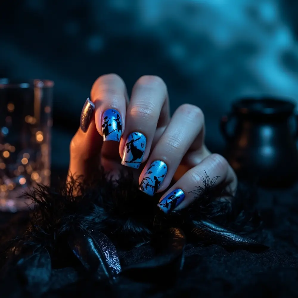 18 Genuinely Spooky & Scary Halloween Nail Ideas for 2025 13 Instruction silhouettes swirling black purple dark with 13 on a background of cloaks p or subtle featuring gradient image placement blue witches broomsticks nails
