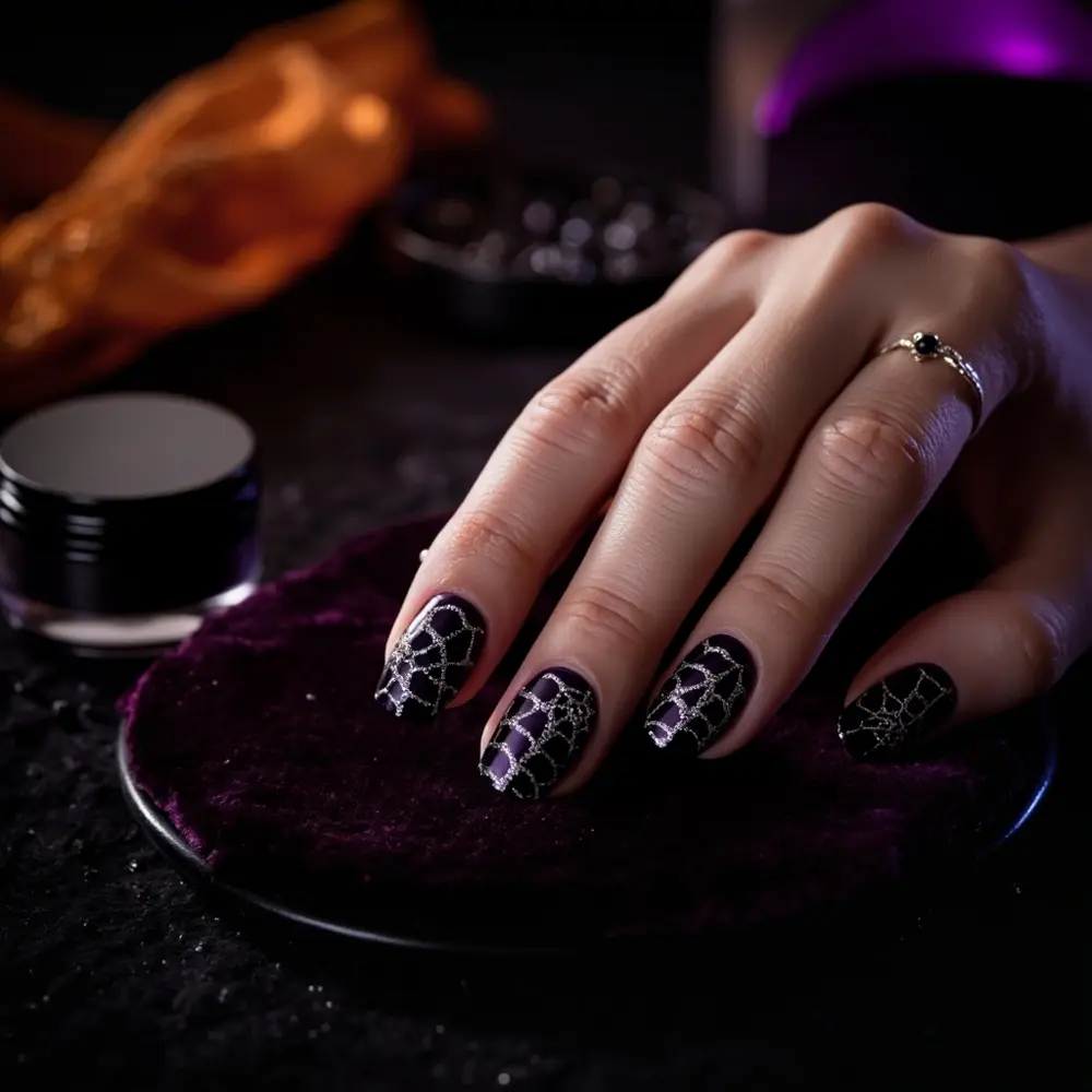 17 Girly Halloween Nail Designs That Are More Sweet Than Spooky 13 Body instruction black purple gem with 13 a of p small or the glitter silver and deep spider forming image placement nails spiderwebs