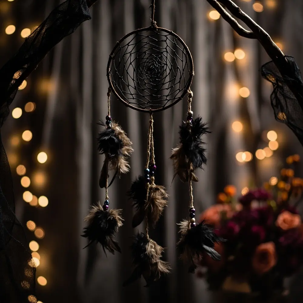 15 Boho Halloween Wedding Ideas for a Free-Spirited Spooky Vibe 13 Like large adorned 13 feathers a and subtle dreamcatcher possibly p beads spiderweb weaving with image intricate