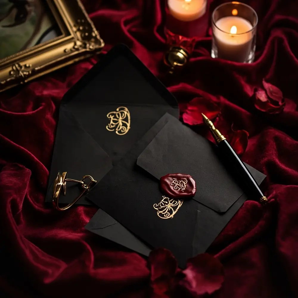 Instruction black with calligraphy 13 invitation a monogram p wedding featuring suite custom gold and deep seal image placement wax envelopes gothic red