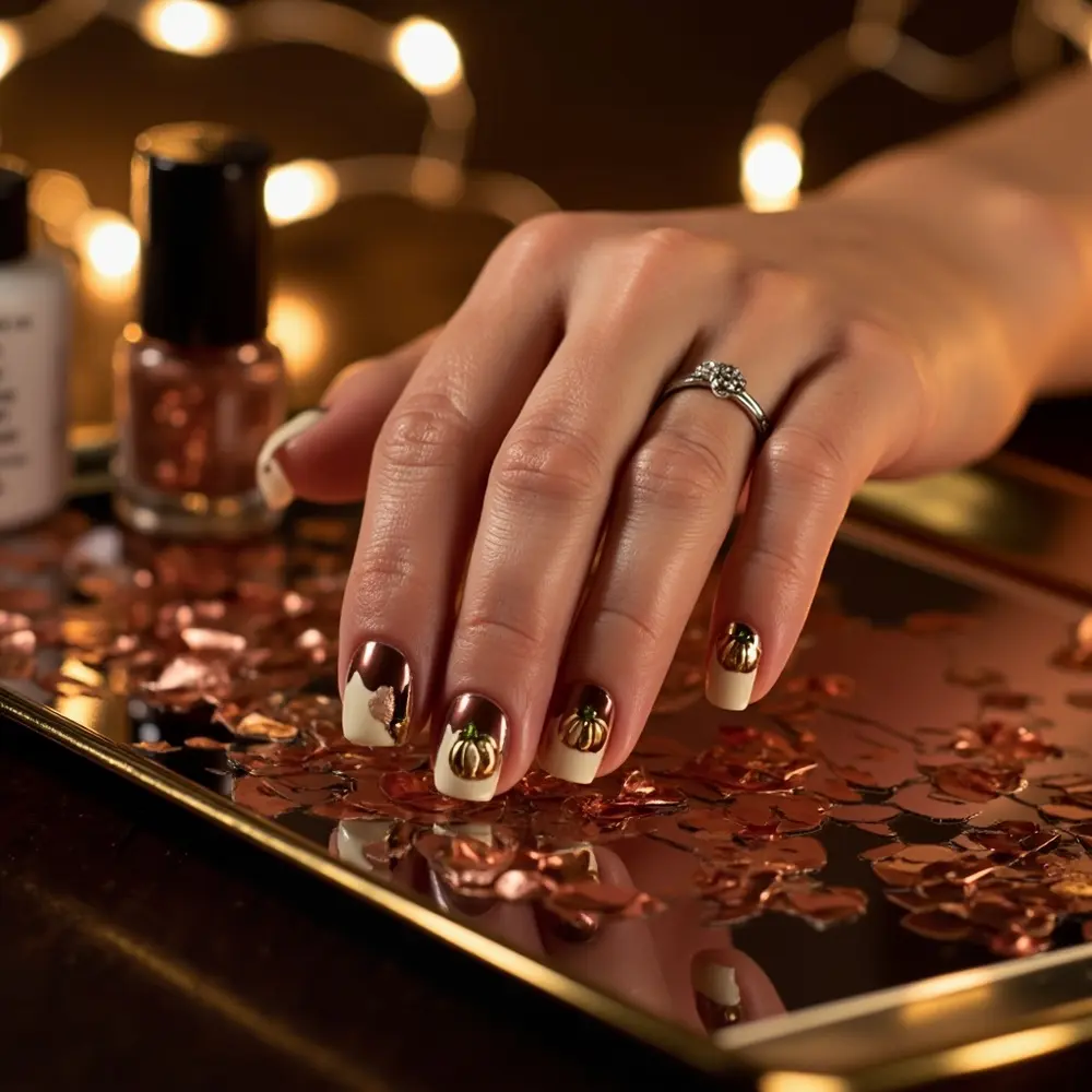 15 Adorable Pumpkin Nail Designs for Your Perfect Fall & Halloween Manicure 13 13 metallic pumpkins h2 foil