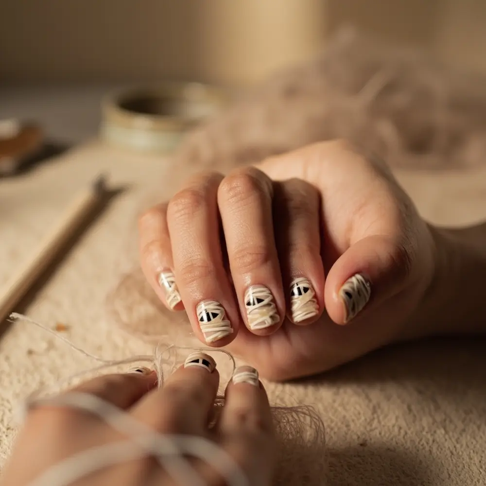 19 Insanely Cute Halloween Nail Designs Kids & Moms Will Adore (Kawaii, Pastel & Retro Fun!) 13 13 cute h2 textured nails mummy wrap