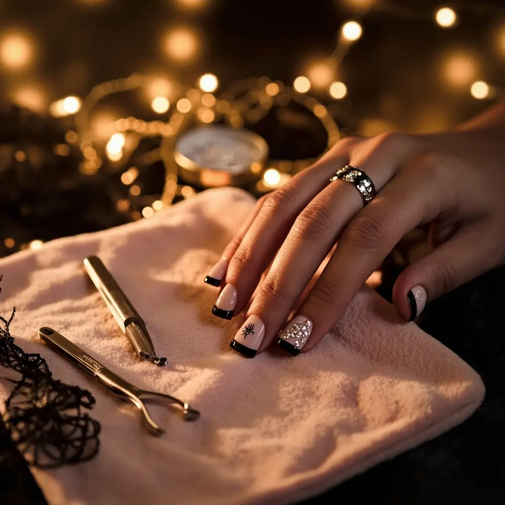 15 Classy Halloween Nail Ideas for a Sophisticated Manicure 13 13 a spider tip rhinestone black h2 french with