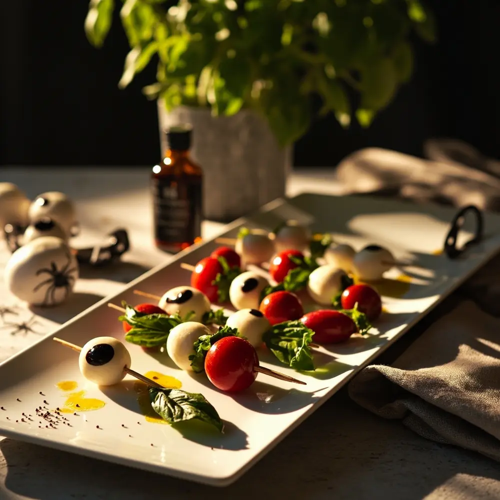 15 Spooktacular & Family-Friendly Halloween Birthday Appetizers (Quick & Allergy-Aware!) 13 Skewers balls 13 pupils and 8216 cherry tomatoes 8217 basil leaves p mozzarella with image
