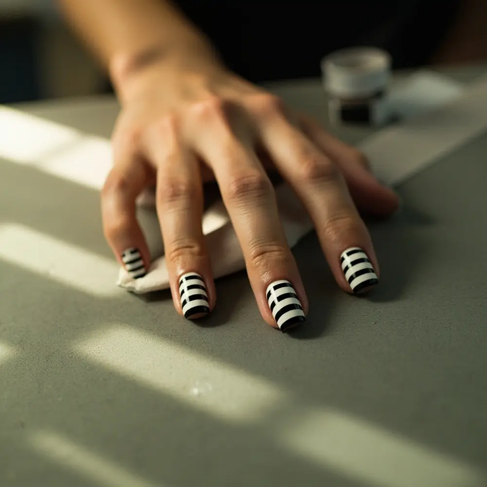 19 Minimalist Halloween Nails for a Modern & Chic Look 14 14 white stripes black h2 038 asymmetrical