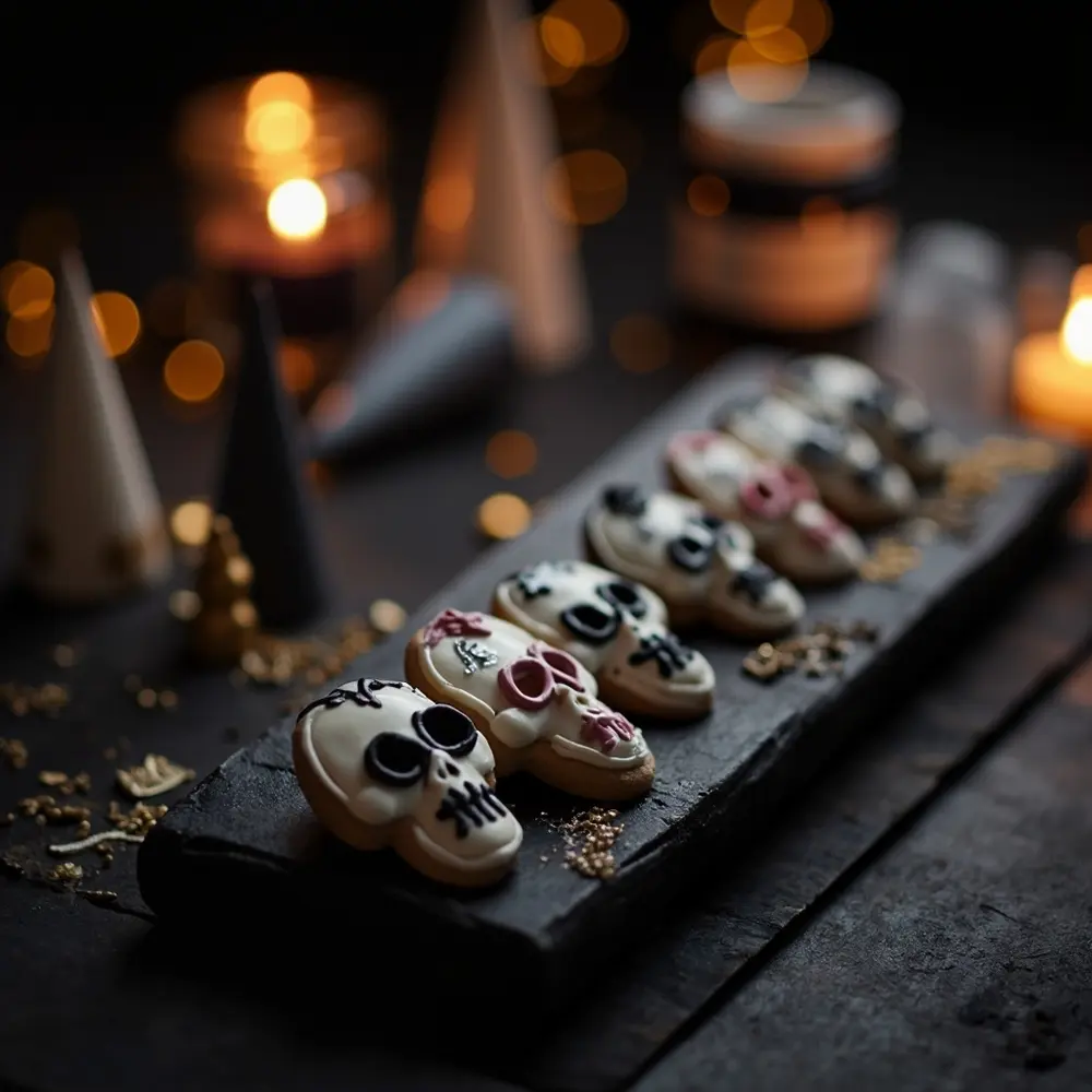 15 Elegant Spooky Dessert Bar Ideas for a Frightfully Sweet Wedding 14 14 sugar h2 shaped skull cookies intricate