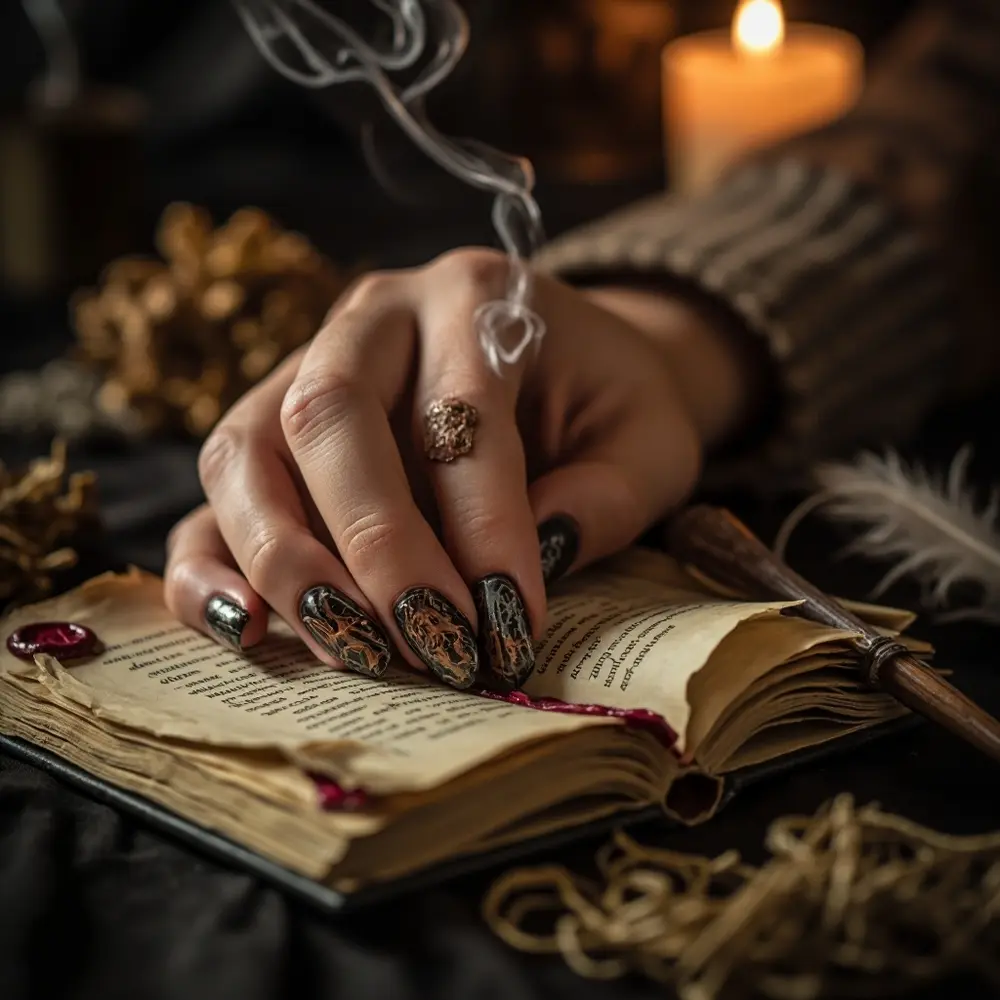 18 Genuinely Spooky & Scary Halloween Nail Ideas for 2025 14 Instruction parchment faded dark yellowed symbols with intricate 14 look like sigils p or arcane text aged image placement latin to covered nails painted