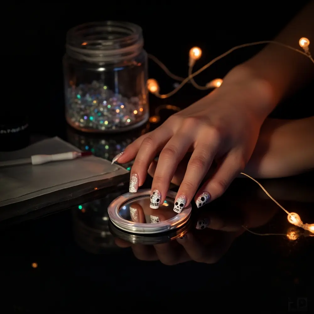 17 Girly Halloween Nail Designs That Are More Sweet Than Spooky 14 14 placement iridescent pink on instruction sheer with nude holographic accent outlines p skull or nails image