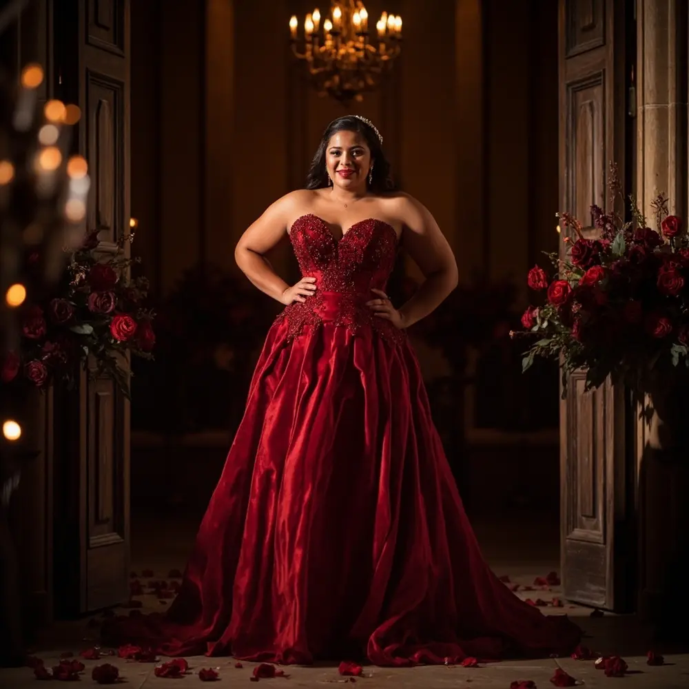 17 Stunning Halloween Wedding Dresses: Black, Red, & Gothic Gowns for a Spooky Chic Celebration 14 14 gown a crimson h2 curvy plus size red the line