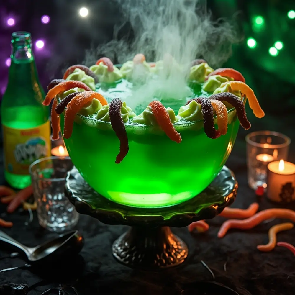 15 Easy & Delicious Halloween Snacks: Spooky, Savory, and Sweet Treats for Everyone 14 Filled 14 placement a sherbet instruction scoops bowl and of gummy worms p green punch with image
