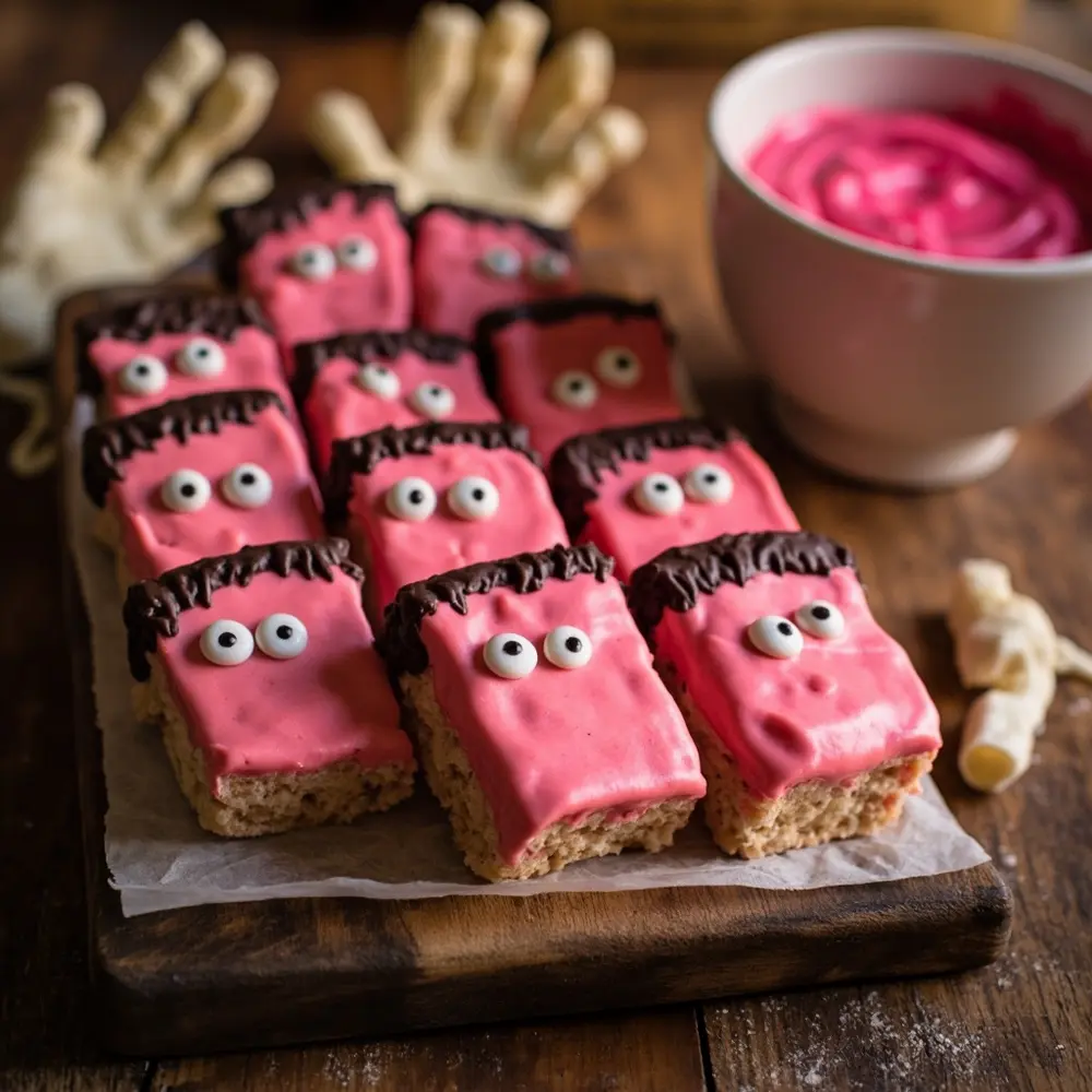 15 Enchanting Pinkoween Desserts for a Pastel Halloween Party 14 14 frankenstein pink treats krispie h2 rice
