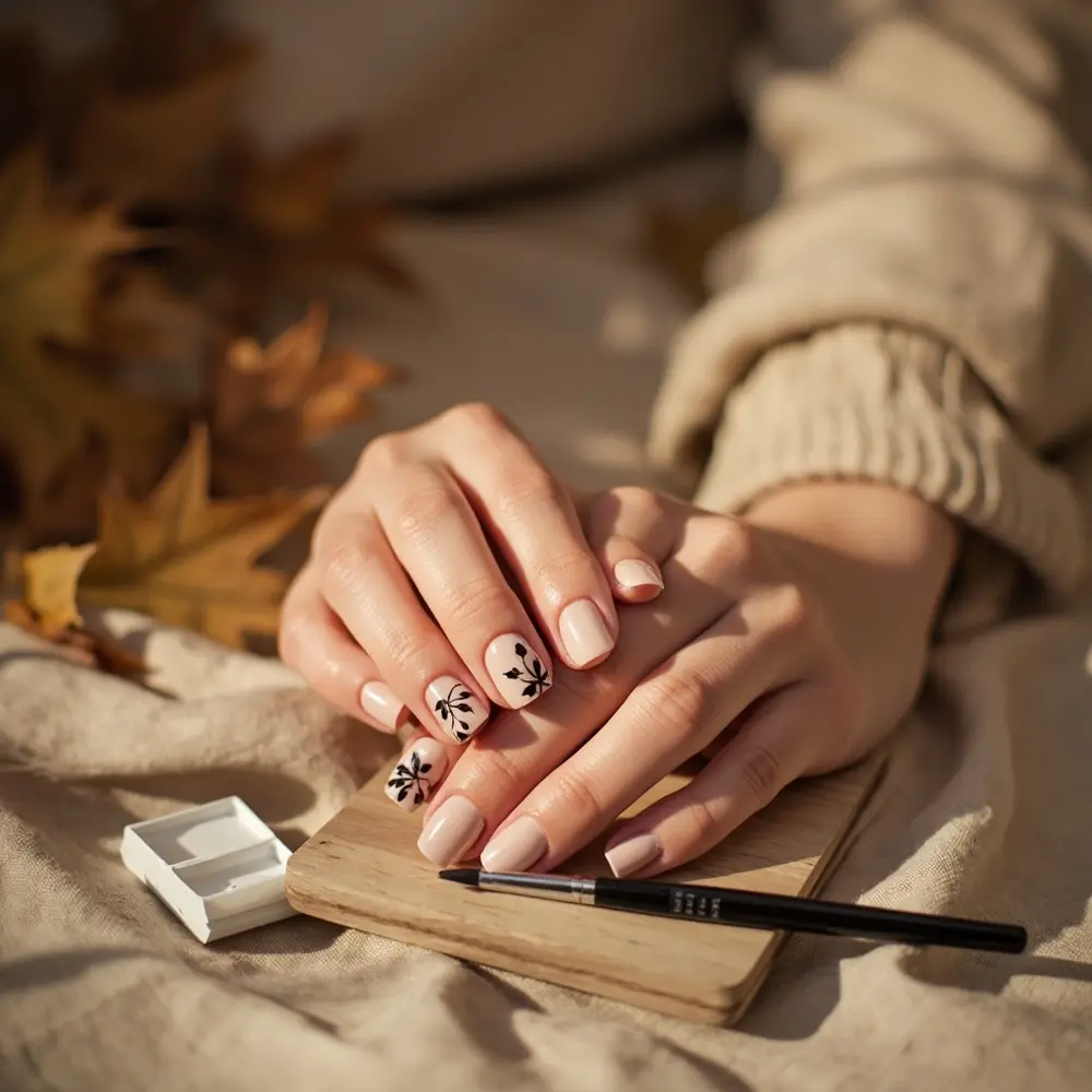 15 Classy Halloween Nail Ideas for a Sophisticated Manicure 14 14 sheer nude h2 black leaves floating with