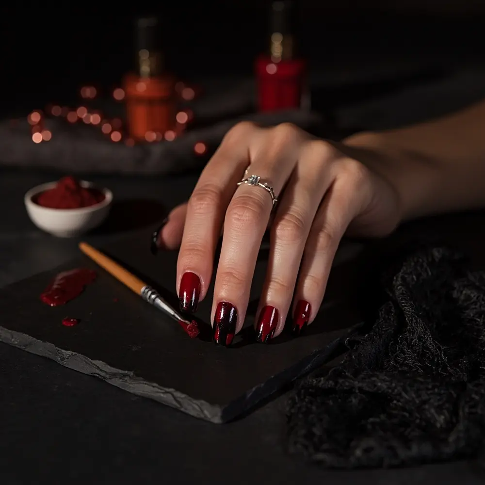 17 Girly Halloween Nail Designs That Are More Sweet Than Spooky 15 Blood 8221 8220 instruction black effect dark with line 15 a ombre drip p subtle the at image placement cuticle to red nails