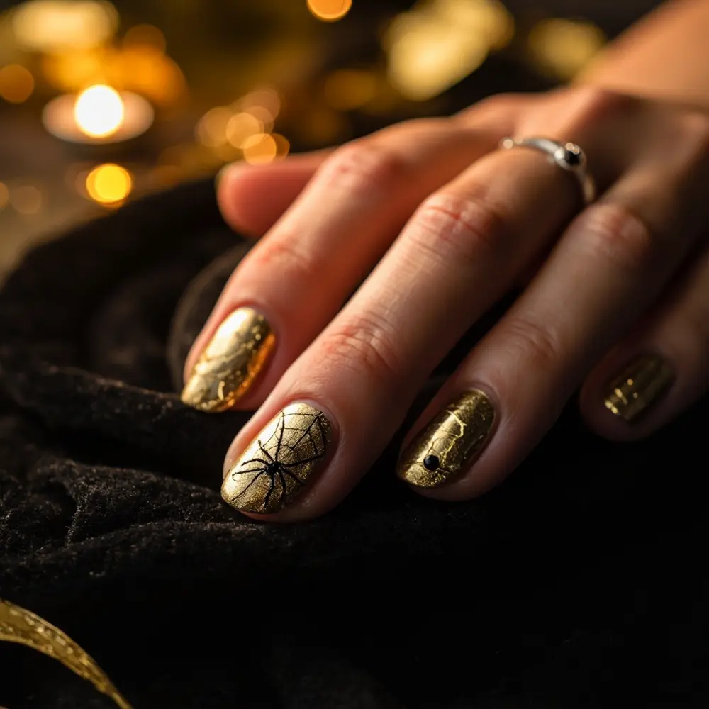 19 Minimalist Halloween Nails for a Modern & Chic Look 15 Hand instruction foil with like 15 a p small or featuring gold spider one shaped accent possibly nail image placement web tiny fragment
