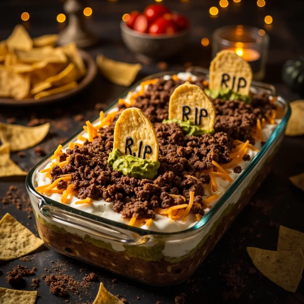 25 Spooktacular Halloween Treats: Easy, Healthy & Allergy-Friendly Fun for Everyone 15 Instruction taco overhead by with graveyard 15 a of p dip shot an chips cracker image placement tortilla headstones surrounded
