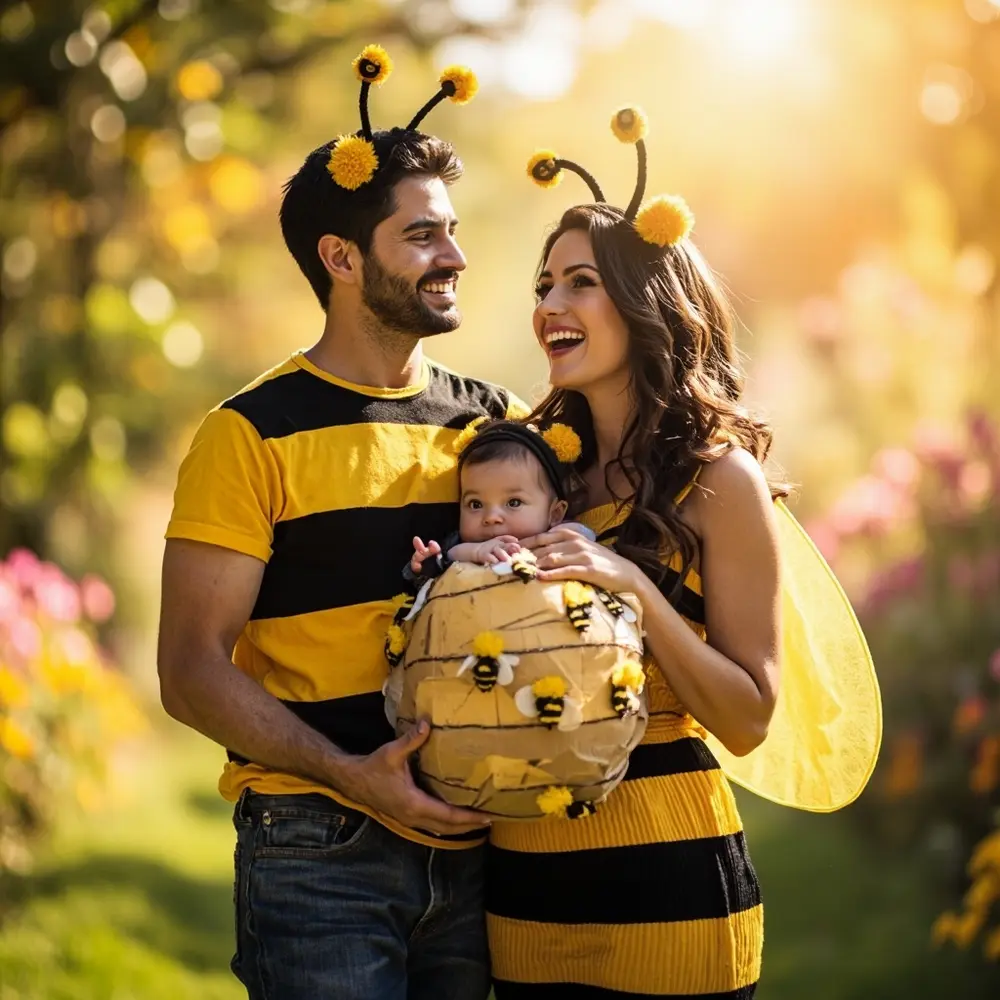 20 Unforgettable Family Halloween Costume Ideas (For 3, 4, or 5!) 15 Instruction dressed with baby 15 a buzzing p small the in as parents image carrier busy placement designed bees beehive