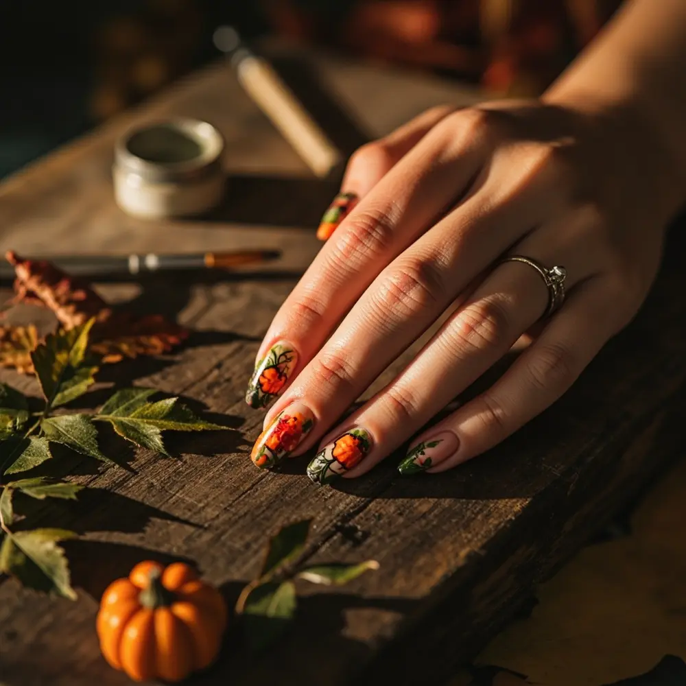 15 Adorable Pumpkin Nail Designs for Your Perfect Fall & Halloween Manicure 15 15 leaf pumpkin vine h2 038 details