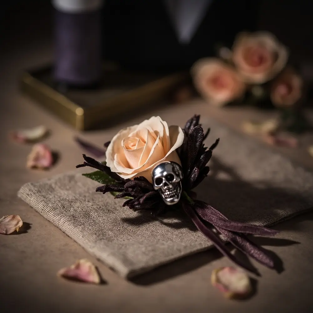 21 Cute Spooky Wedding Ideas That Are More Sweet Than Scary 15 15 rose h2 boutonnieres 038 skull