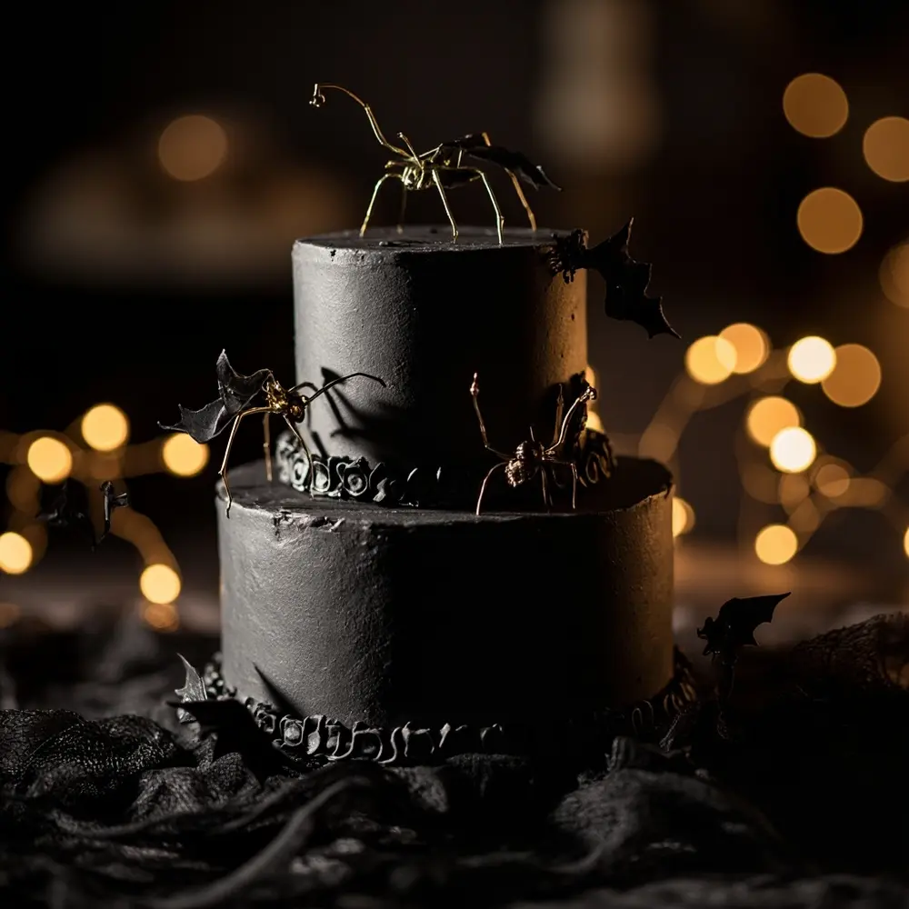 15 Jaw-Dropping DIY Halloween Wedding Ideas That Won't Break the Bank 15 Wires dark with spiders adorned 15 a fly appearing thin p small wedding or the cake around crawl possibly bats image plastic tiers to colored attached painted