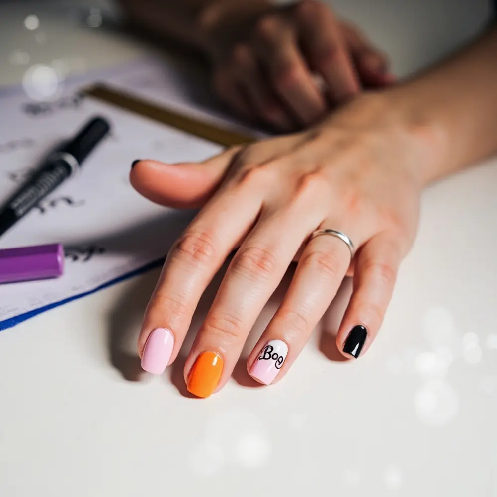 19 Insanely Cute Halloween Nail Designs Kids & Moms Will Adore (Kawaii, Pastel & Retro Fun!) 16 16 8221 8220 cute lettering h2 boo expressive nails