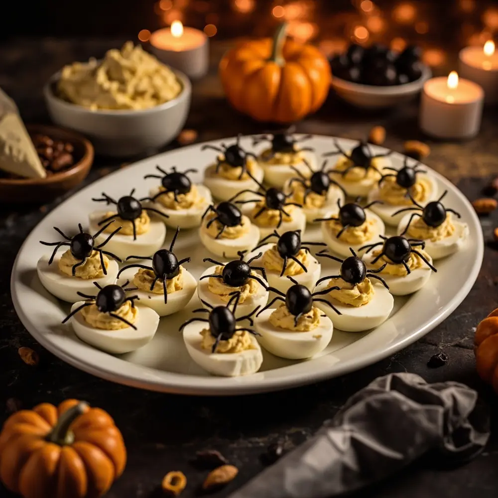 20 Creative & Easy Halloween Treat Ideas for a Spooktacular Party 16 16 spiders placement a instruction up deviled olive eggs close of decorated black p with image photo