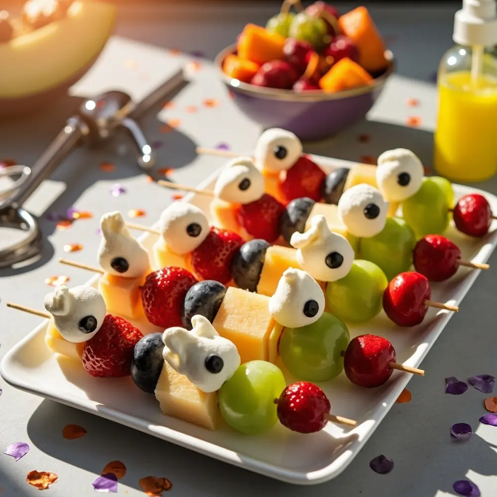 25 Spooktacular Halloween Treats: Easy, Healthy & Allergy-Friendly Fun for Everyone 16 Marshmallows fruit instruction display with 16 skewers on a of p or tray ghost arranged colorful image placement cheese spooky