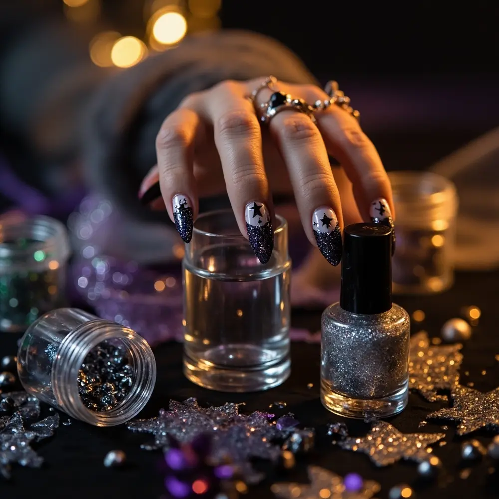 17 Girly Halloween Nail Designs That Are More Sweet Than Spooky 16 Polish star ball jelly instruction effect base with 16 a sheer dimensional multi p giving glitter deep topped crystal image placement tiny decals nails