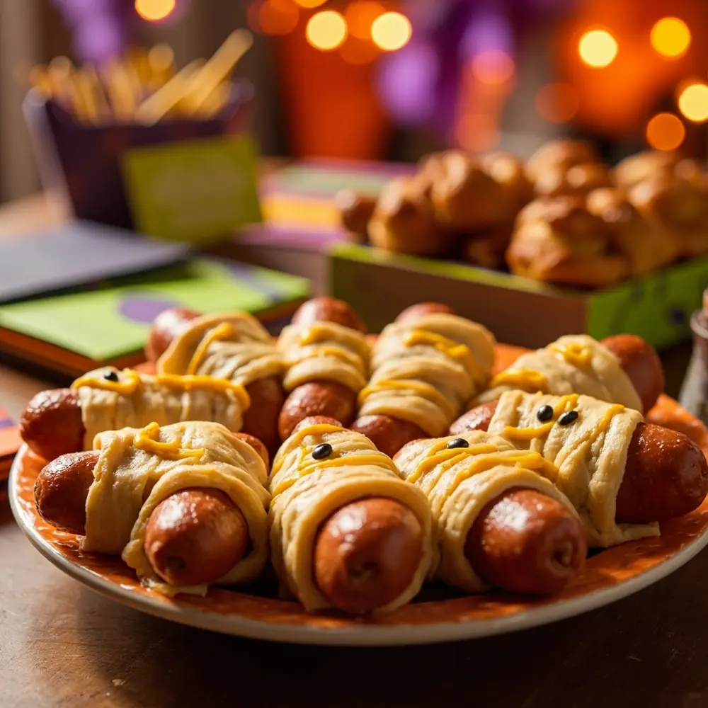 20 Delightfully Non-Scary Halloween Birthday Ideas for Kids 16 Eyes 8221 8220 instruction playfully with 16 a of p mummy arranged image mustard placement platter hot dogs