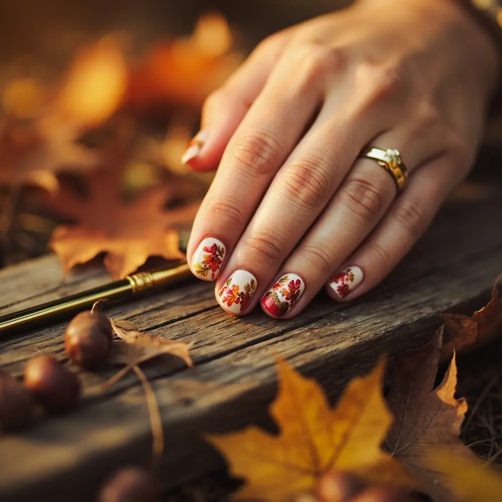 19 Insanely Cute Halloween Nail Designs Kids & Moms Will Adore (Kawaii, Pastel & Retro Fun!) 17 17 leaf autumn cute accents seasonal h2 acorn 038