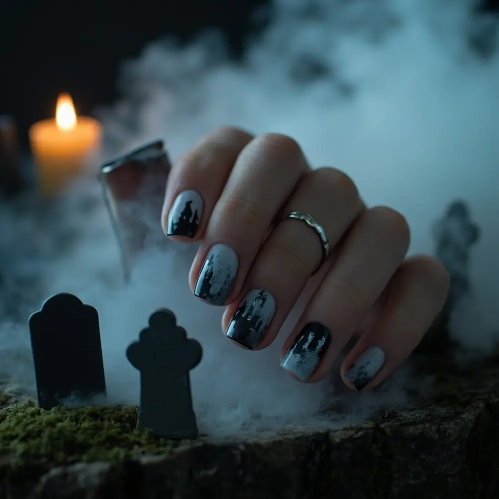 18 Genuinely Spooky & Scary Halloween Nail Ideas for 2025 17 White faint instruction silhouettes swirling black effect perhaps with 17 a grey of blurred background p soft featuring the tombstones gradient in mist image placement to nails