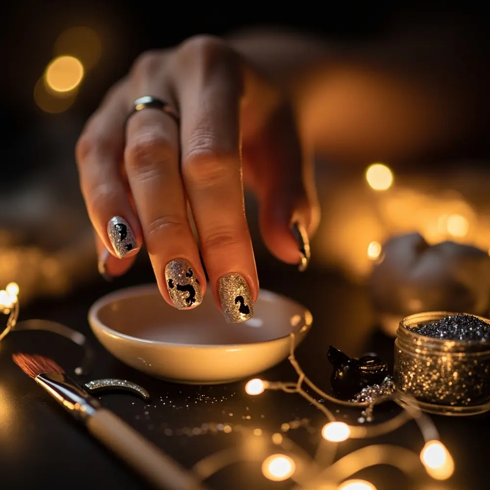 17 Girly Halloween Nail Designs That Are More Sweet Than Spooky 17 Instruction silhouettes black delicate with 17 cat p moons or shimmery glitter gold silver and image placement crescent nails