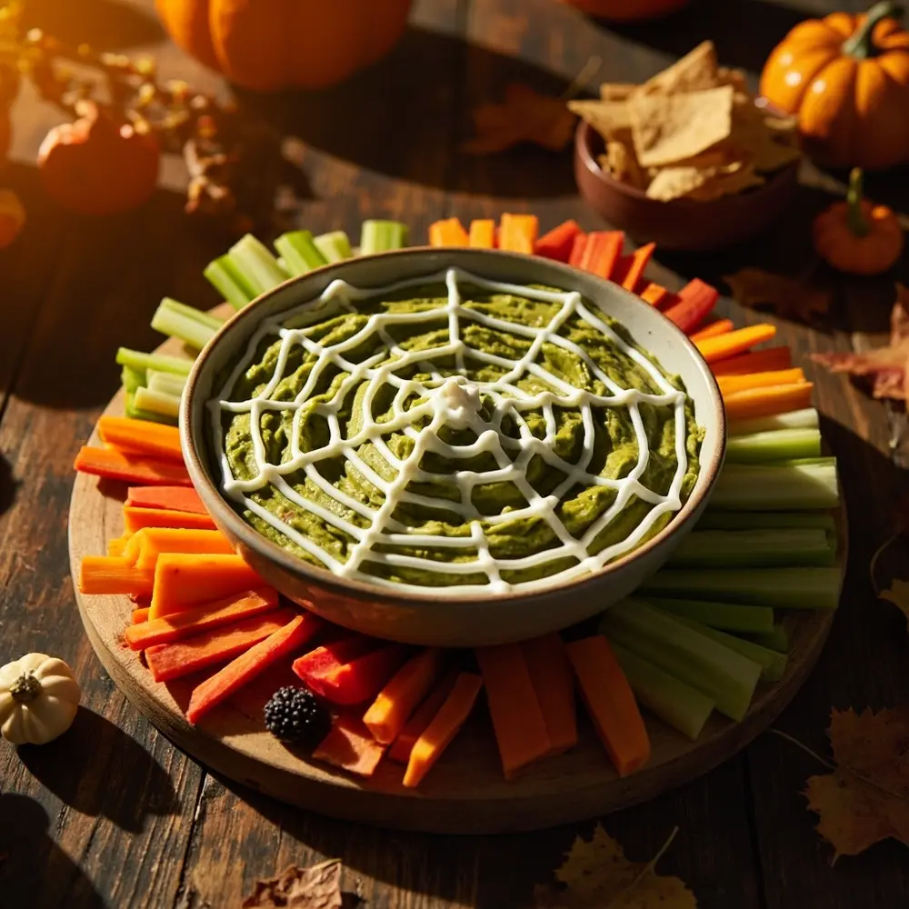 20 Delightfully Non-Scary Halloween Birthday Ideas for Kids 18 18 h2 hummus guacamole spiderweb dip