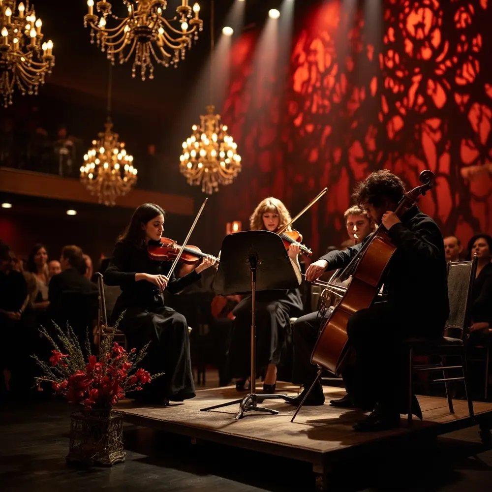 String quartet instruction dressed black floral dimly with setting a 18 p subtle nearby in performing image arrangements placement lit elegant red