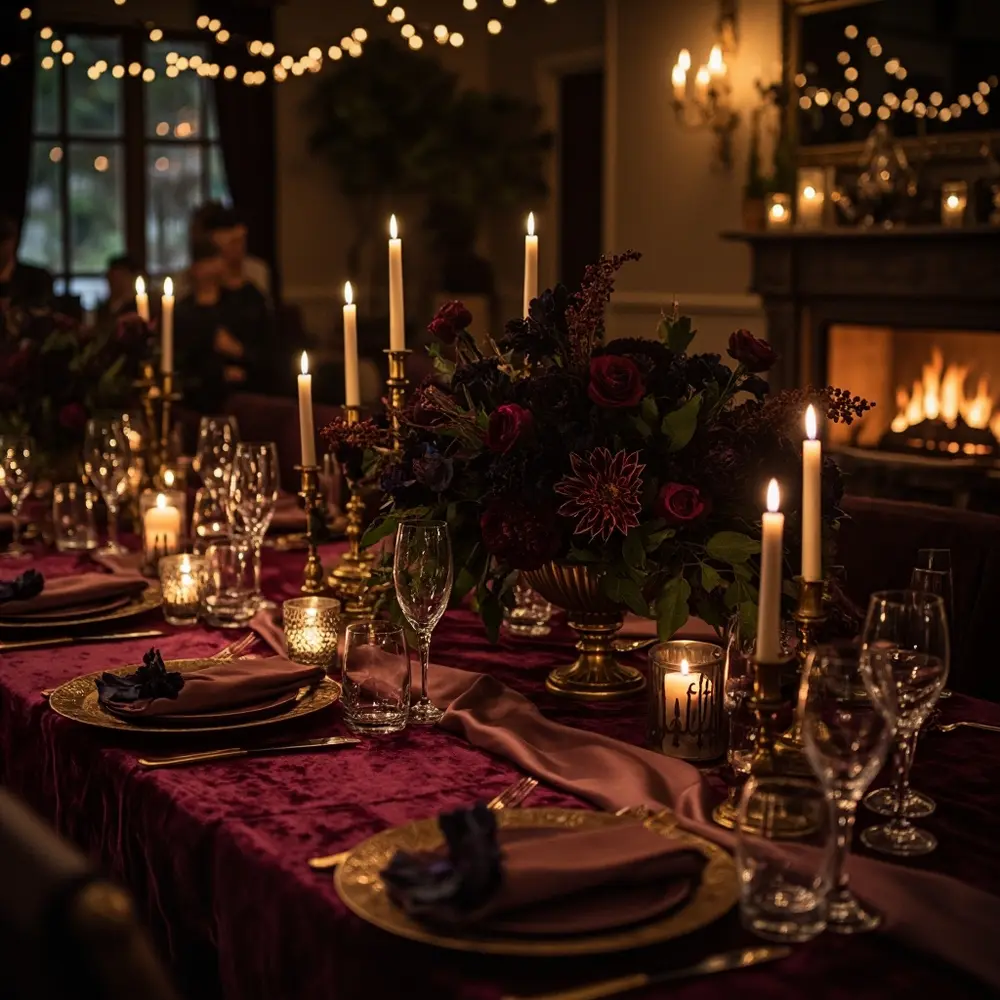 10 Enchanting Dark Fall Wedding Mood Board Ideas You Need to See 2 Floral burgundy dark with tablecloths a of p gold set and an deep candles reception arrangements image velvet chargers pillar 2 table abundance