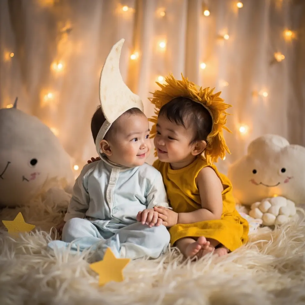 12 Creative Sibling Halloween Costume Ideas That Are a Perfect Match 2 Crescent a moon and dressed toddler sun background 2 as p starry perhaps with image smiling baby