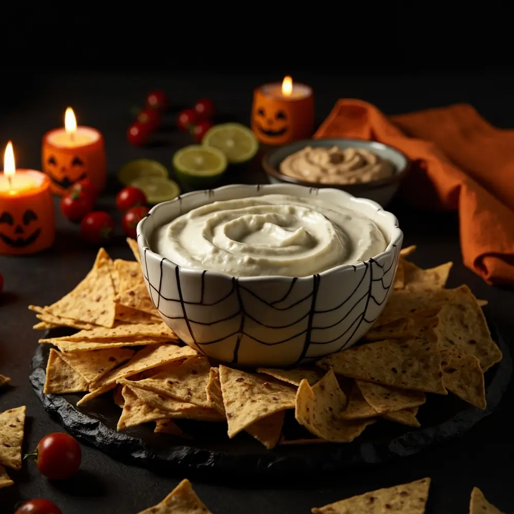 15 Spooktacular Budget-Friendly Halloween Treats That Won't Break the Bank 2 White hummus guacamole orange with by on a of sour p or cream spiderweb green chips image perfectly bowl top tortilla 2 piped surrounded