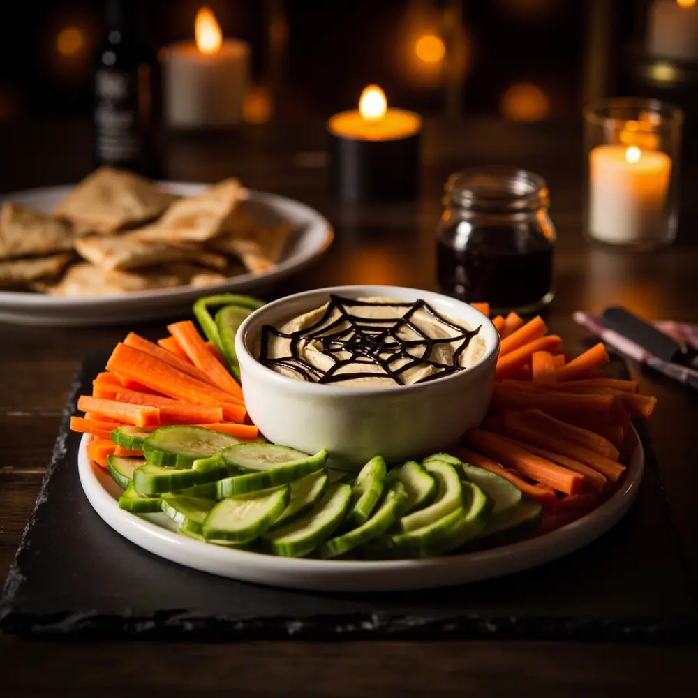 12 Spooktacular & Healthy Halloween Treats Your Kids Will Love 2 Vibrant instruction design hummus by with made a carrot up of p bell shot slices and strips close glaze spiderweb image from sticks placement bowl pepper balsamic cucumber 2 surrounded
