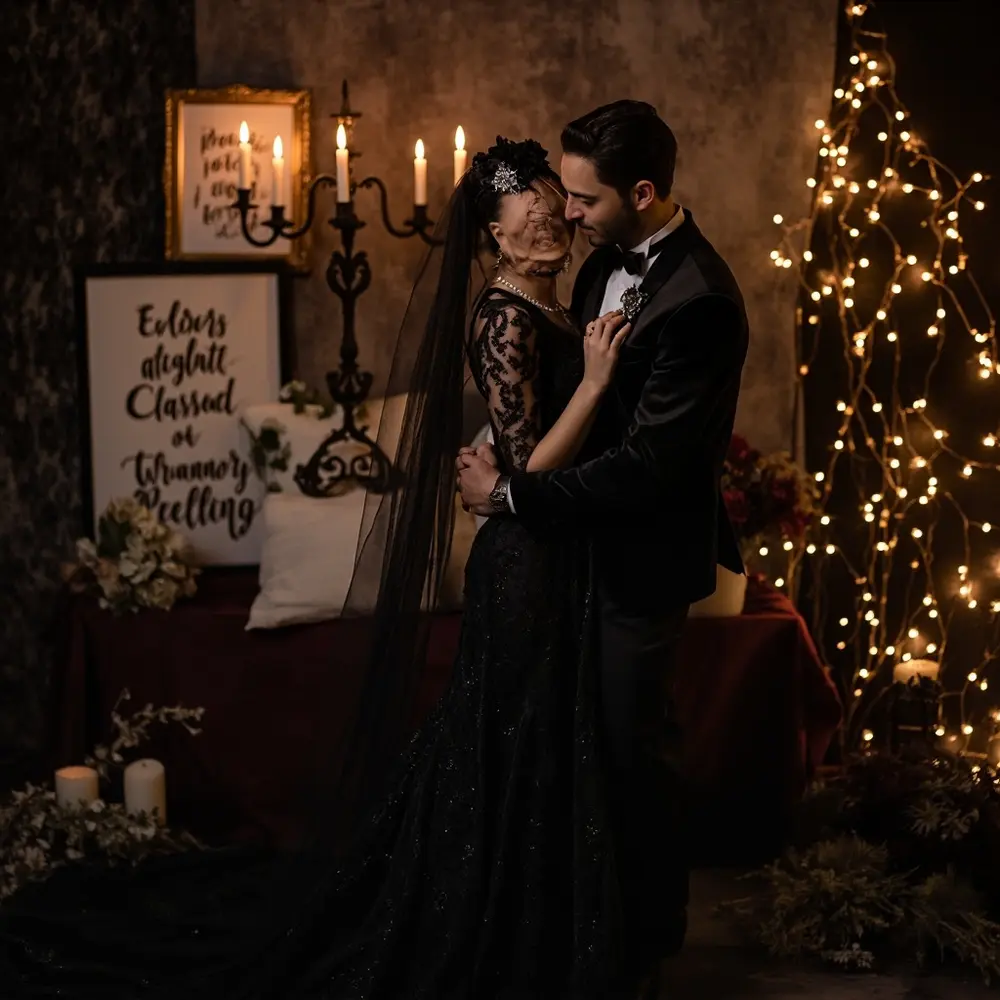 30+ Halloween Wedding Ideas on a Budget That Look Absolutely Incredible 2 Bride stylish non dark with a accessories p traditional wedding subtle gown themed in groom image halloween next suit 2 standing to elegant