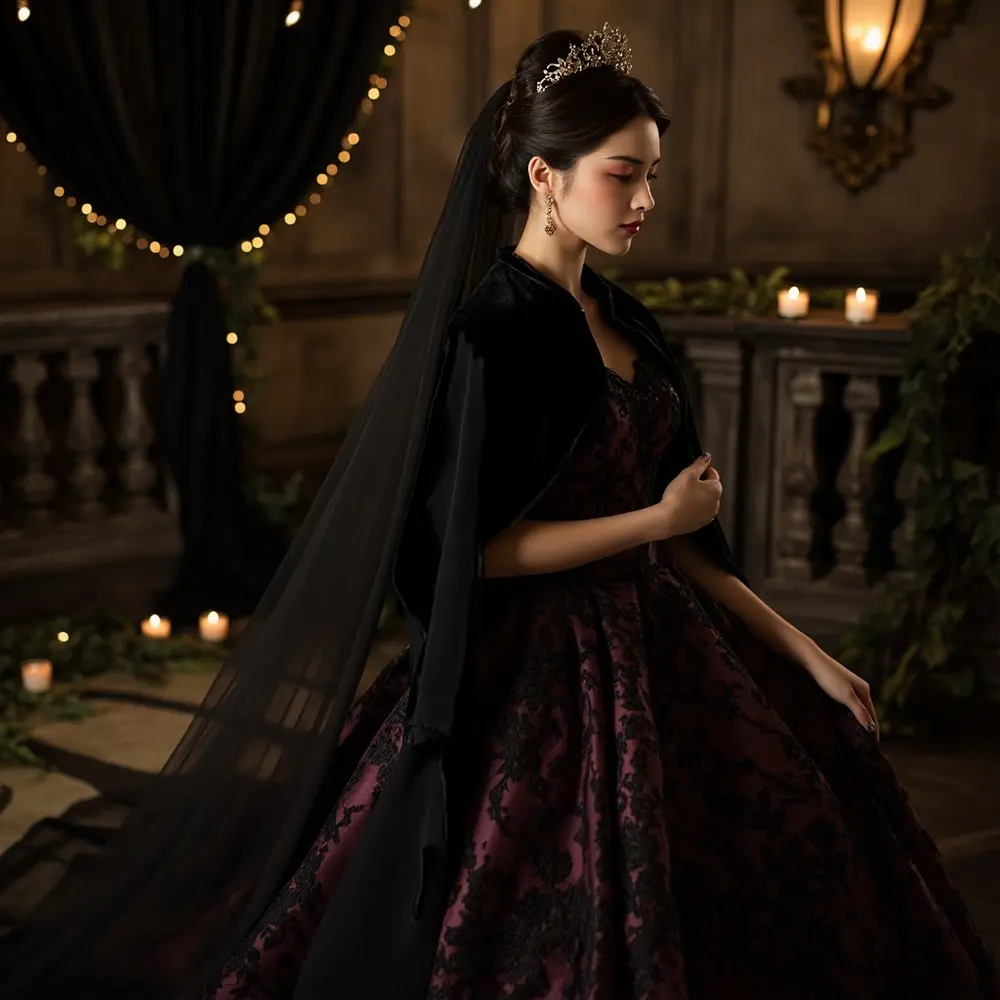 Elegant Gothic Wedding on a Budget: Stunning Ideas for a Dream Celebration 2 Bride instruction black burgundy dark perhaps with veil dress intricate unique a grey accessories p wedding or an deep in details image dramatic placement 2 elegant