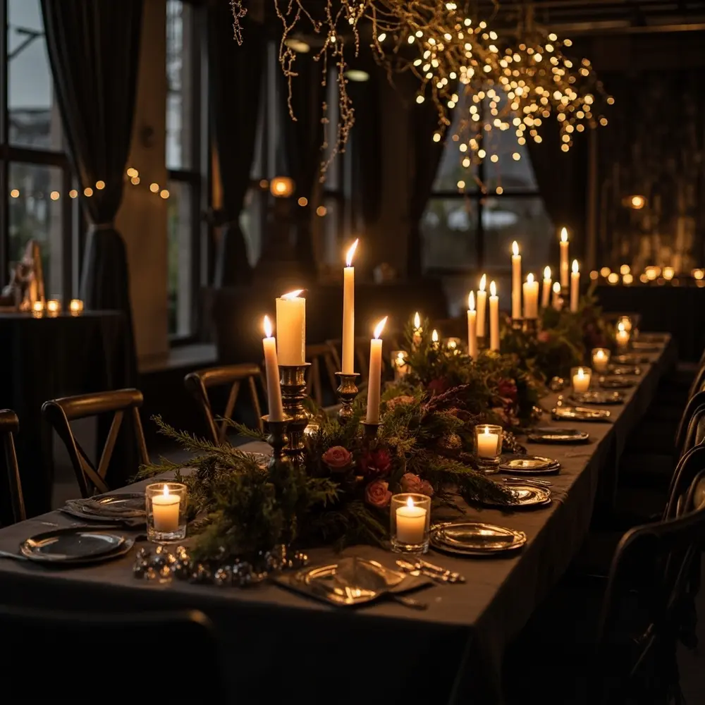 A Dark Fantasy Wedding: Magical Ideas for an Enchanted Celebration 2 Flickering candlelight warm dark hall with a bathed p centerpieces and in reception understated image settings 2 elegant table
