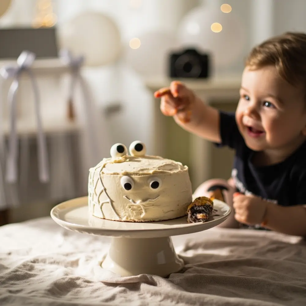How to Throw a Magical 'Two Spooky' First Birthday: Decor, Cake & Photo Spots 2 Friendly happy eyes hands design delicate with baby a up of decorated smash s p small or messy slightly cake shot monster 8217 it close spiderweb image for reaching 2