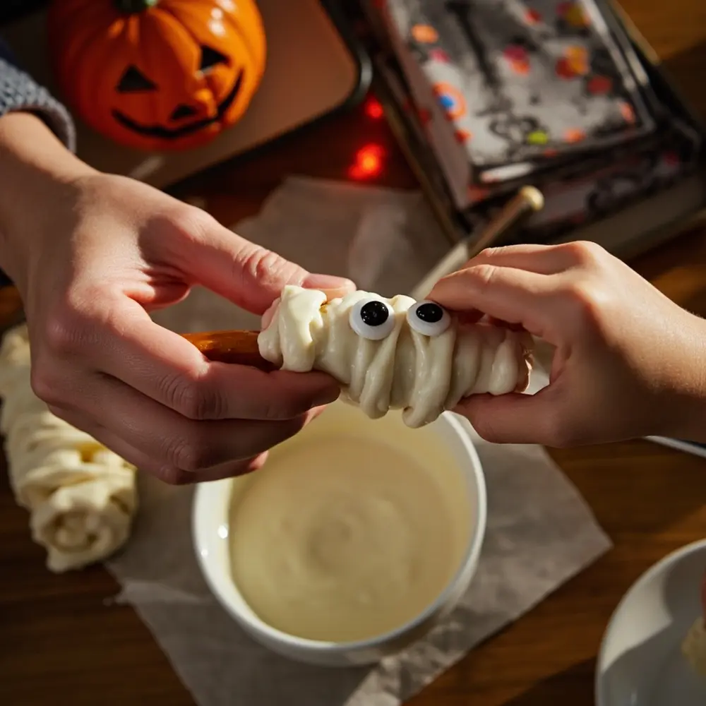 How to Make Classroom Halloween Treats That Are Safe & Easy 2 White eyes then instruction hands a up of googly p melts onto pretzel shot dipping it rod into close candy image placement placing 2