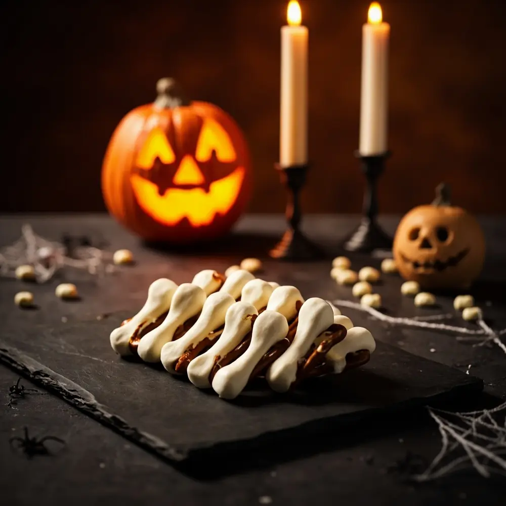 Spooktacular & Easy Dairy-Free Halloween Treats: Your Allergy-Friendly Guide 2 White artfully finished black bones on a up of p chocolate pretzel the arranged close themed image platter spooky 2 covered