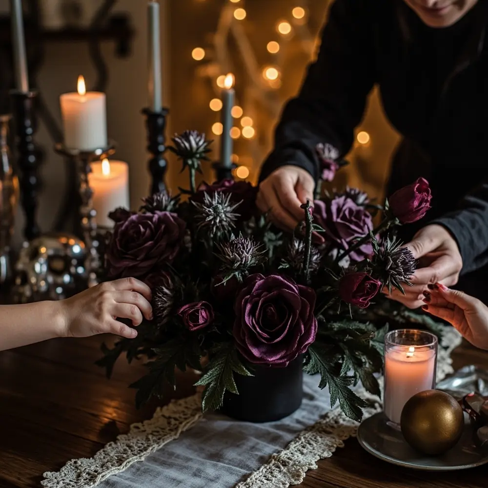 DIY Gothic Glam Tablescape: Step-by-Step Halloween & Birthday Decor Guide 2 Instruction hands center spray up of p the and candles close arranging in flowers image faux placement 2 table painted